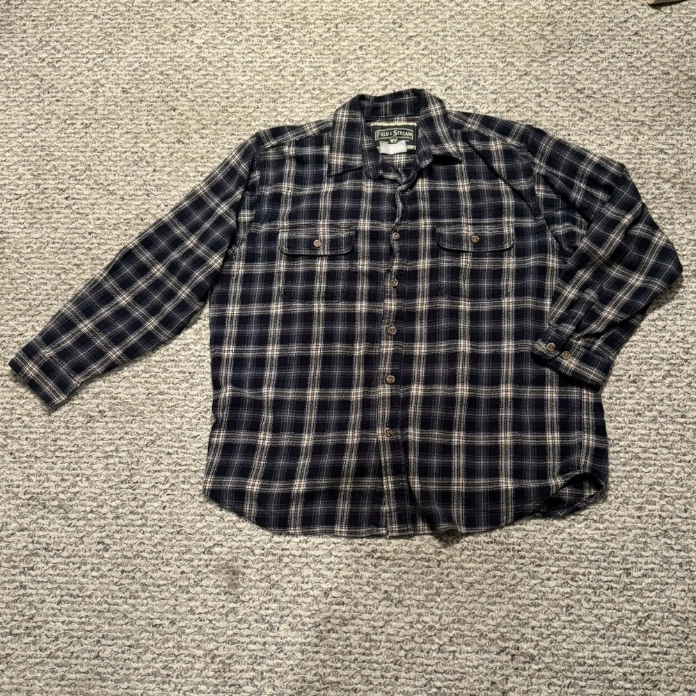 Field & Stream Shirt Mens XL Blue Plaid Collared Button Up Flannel Hiking Gorp